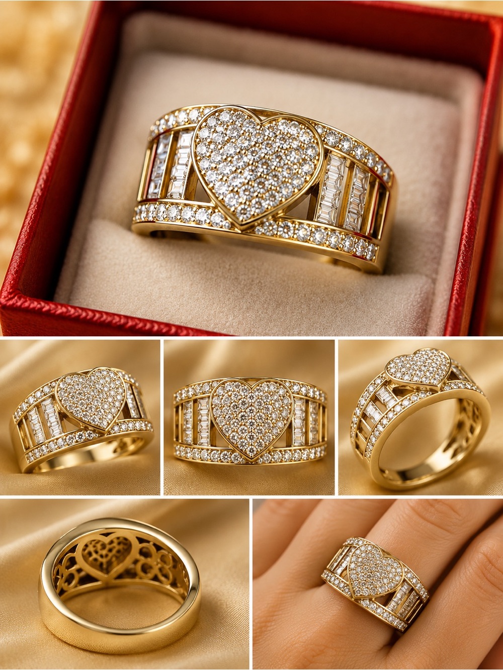 Gold Heart Pave Ring with Clear Stones - Women Jewelry